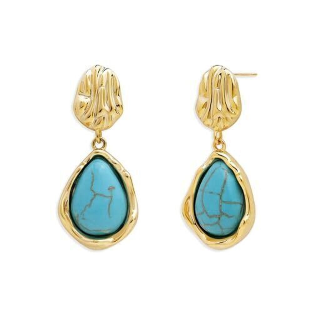 9050 Gold Dainty Turquoise Dangle Drop Earrings , Vintage Natural